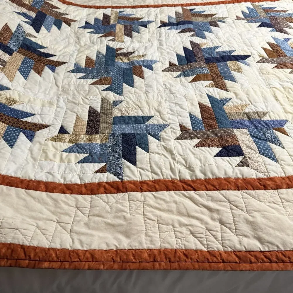Handmade Quilt Throw Patchwork Star Pattern Cream Blue Rustic Cottage Bed Topper